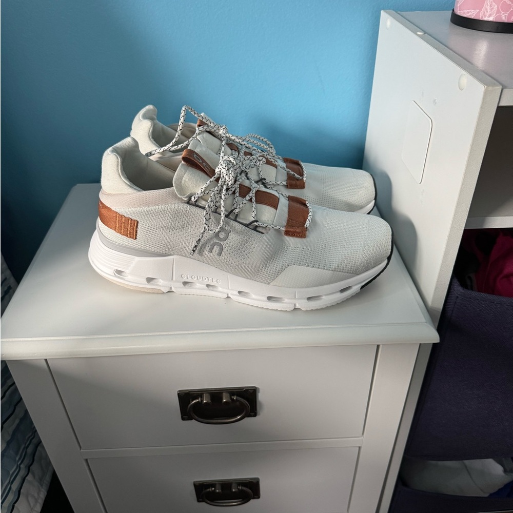 On Cloud White and Brown Sneakers